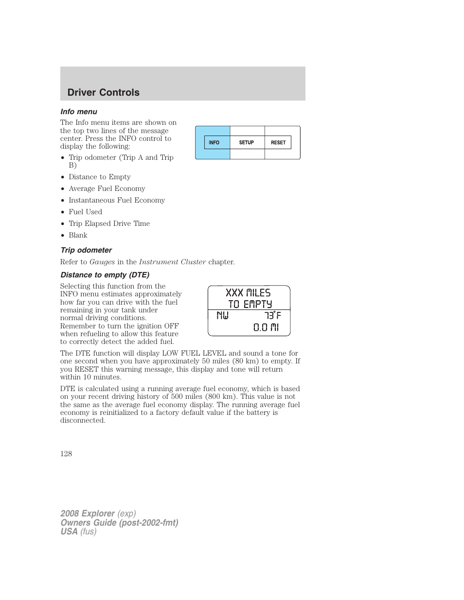 Info menu, Trip odometer, Distance to empty (dte) | Driver controls | FORD 2008 Explorer v.1 User Manual | Page 128 / 384