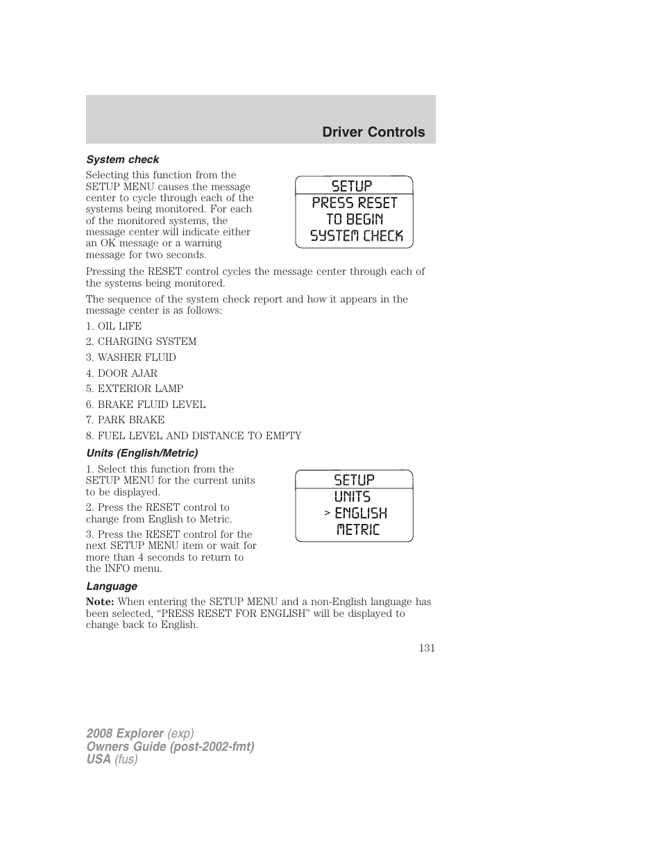 System check, Units (english/metric), Language | Driver controls | FORD 2008 Explorer v.1 User Manual | Page 131 / 384