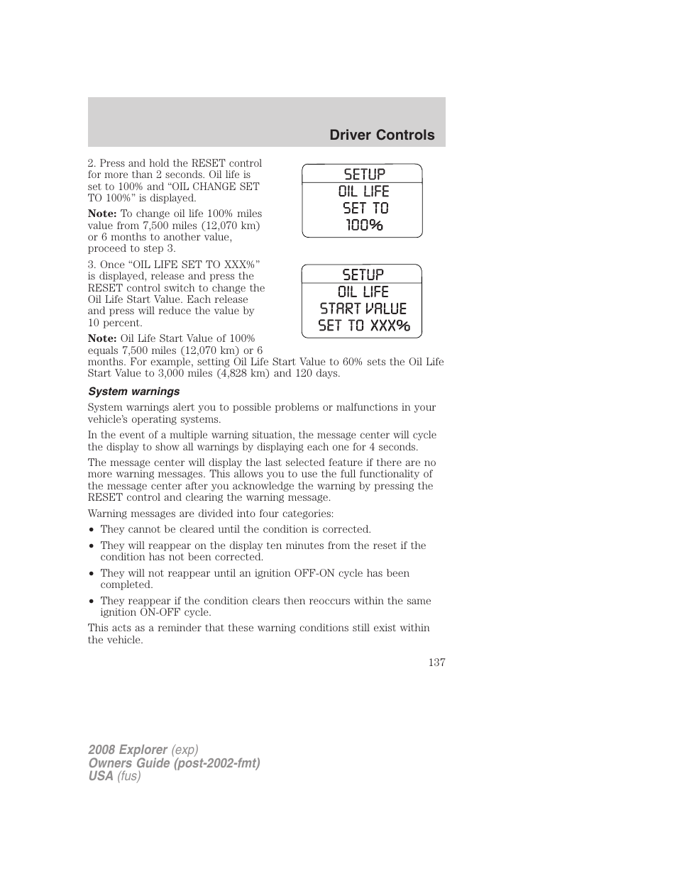 System warnings, Driver controls | FORD 2008 Explorer v.1 User Manual | Page 137 / 384