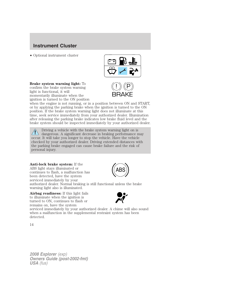 P! brake abs | FORD 2008 Explorer v.1 User Manual | Page 14 / 384