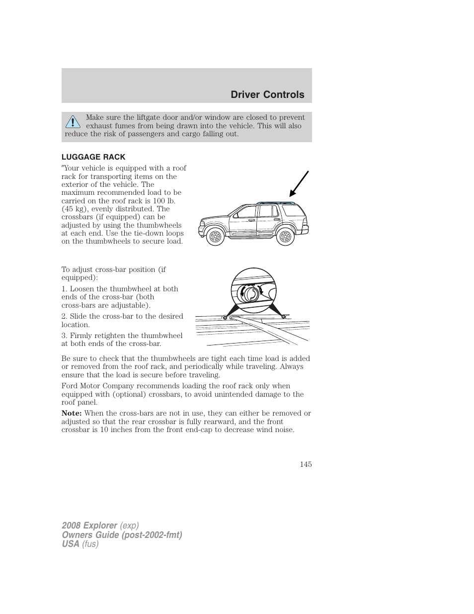 Luggage rack, Driver controls | FORD 2008 Explorer v.1 User Manual | Page 145 / 384