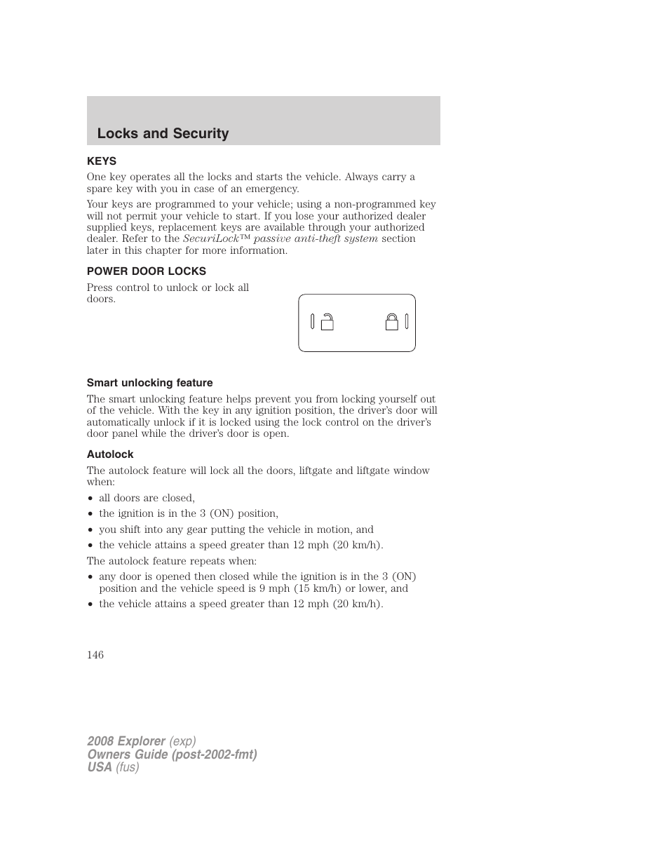 Locks and security, Keys, Power door locks | Smart unlocking feature, Autolock, Locks | FORD 2008 Explorer v.1 User Manual | Page 146 / 384