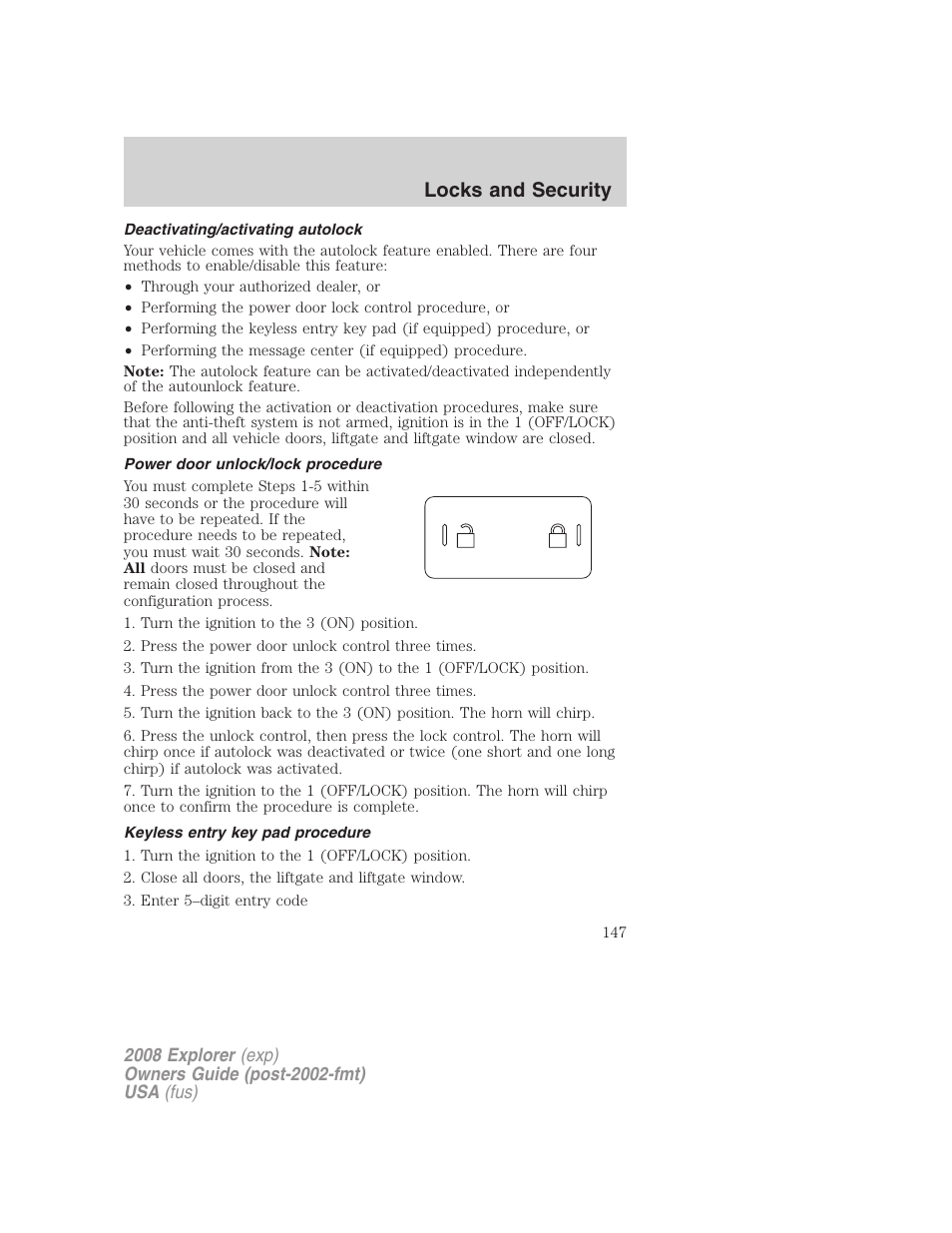 Deactivating/activating autolock, Power door unlock/lock procedure, Keyless entry key pad procedure | Locks and security | FORD 2008 Explorer v.1 User Manual | Page 147 / 384