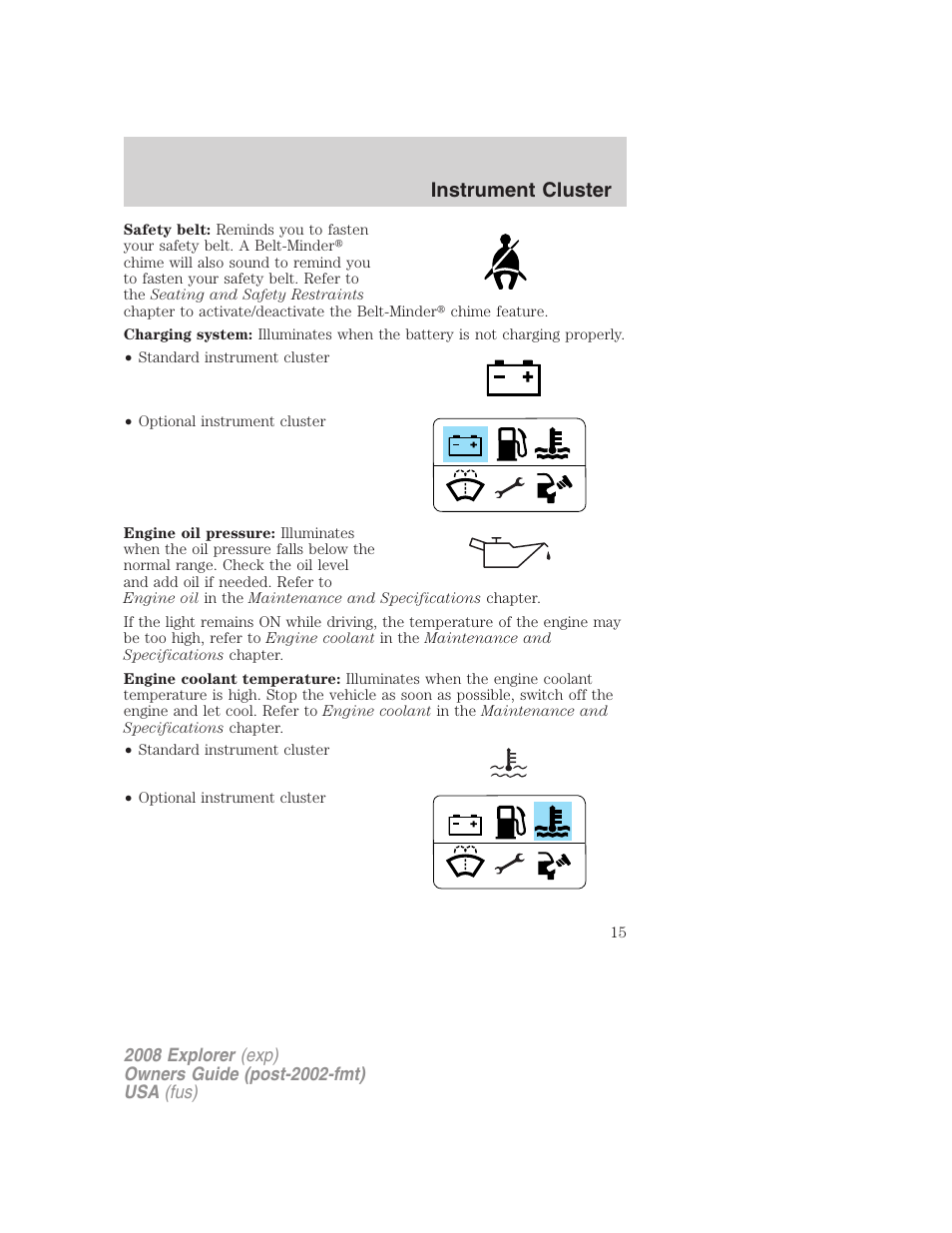 Instrument cluster | FORD 2008 Explorer v.1 User Manual | Page 15 / 384