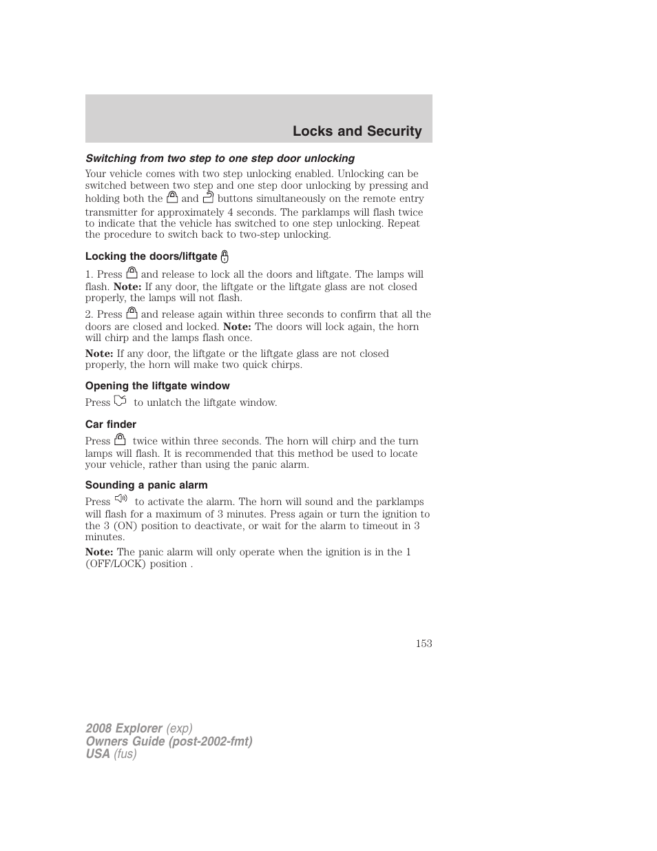 Switching from two step to one step door unlocking, Locking the doors/liftgate, Opening the liftgate window | Car finder, Sounding a panic alarm, Locks and security | FORD 2008 Explorer v.1 User Manual | Page 153 / 384