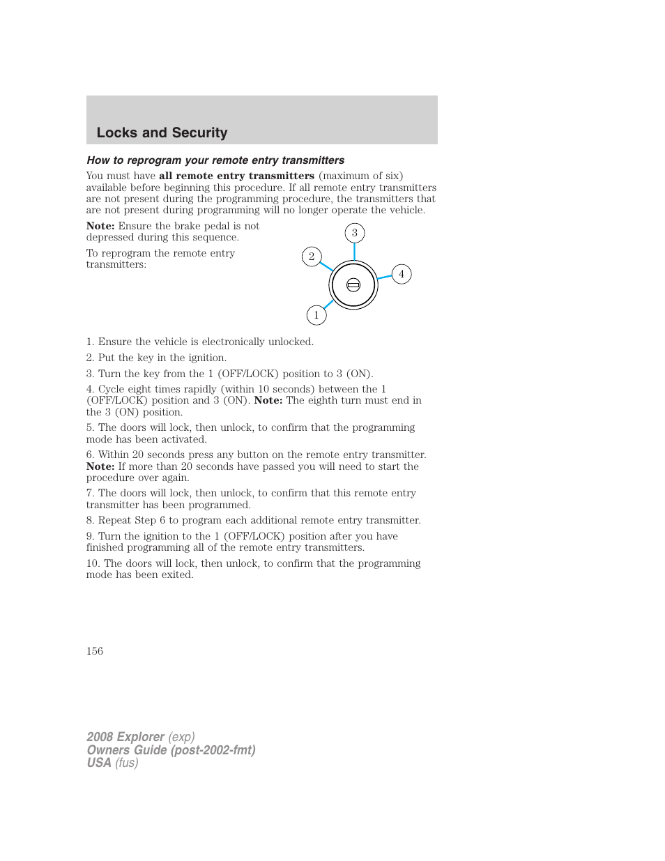 How to reprogram your remote entry transmitters, Locks and security | FORD 2008 Explorer v.1 User Manual | Page 156 / 384