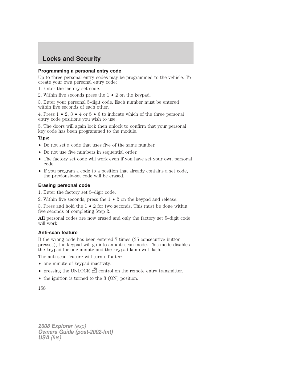 Programming a personal entry code, Erasing personal code, Anti-scan feature | Locks and security | FORD 2008 Explorer v.1 User Manual | Page 158 / 384