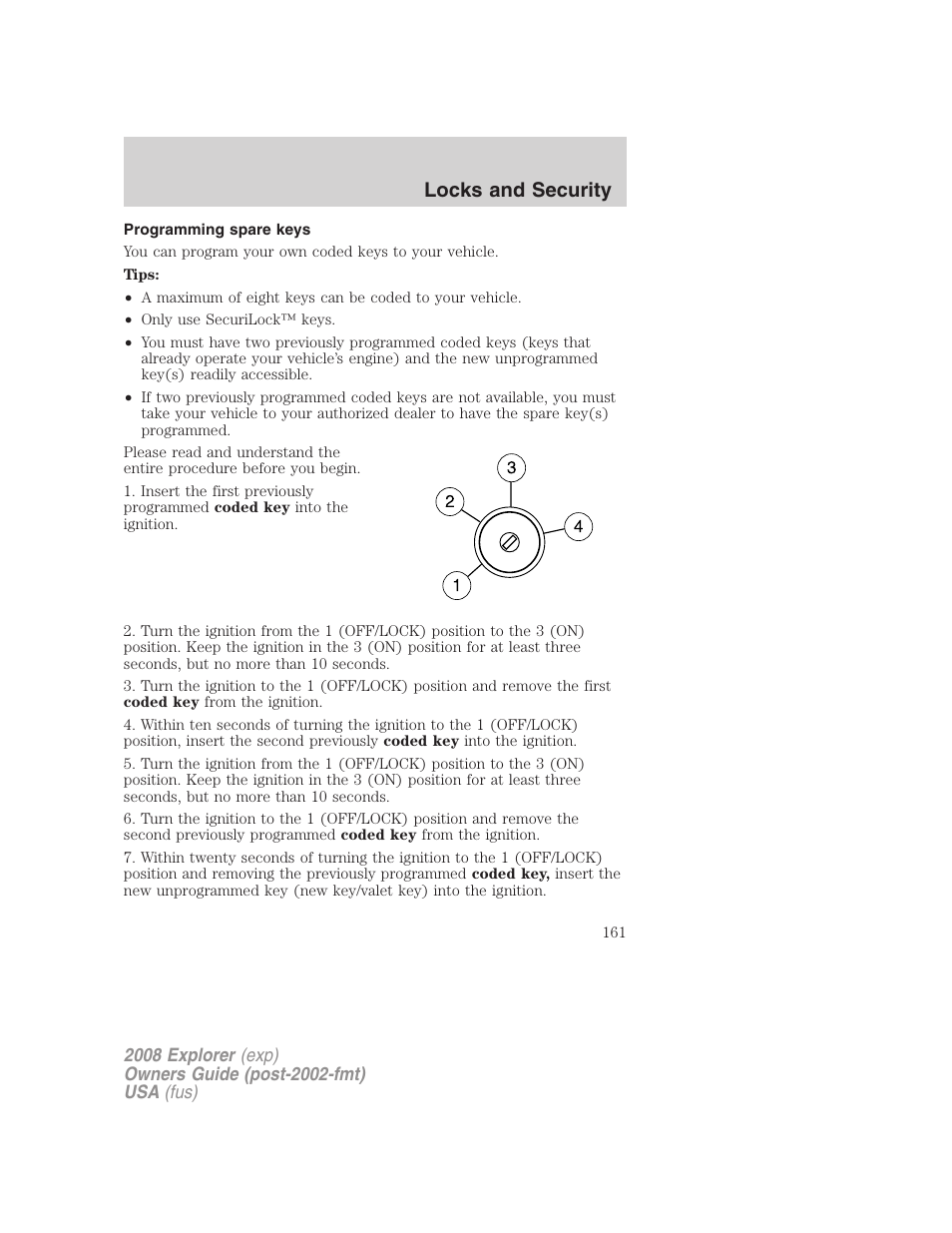 Programming spare keys, Locks and security | FORD 2008 Explorer v.1 User Manual | Page 161 / 384