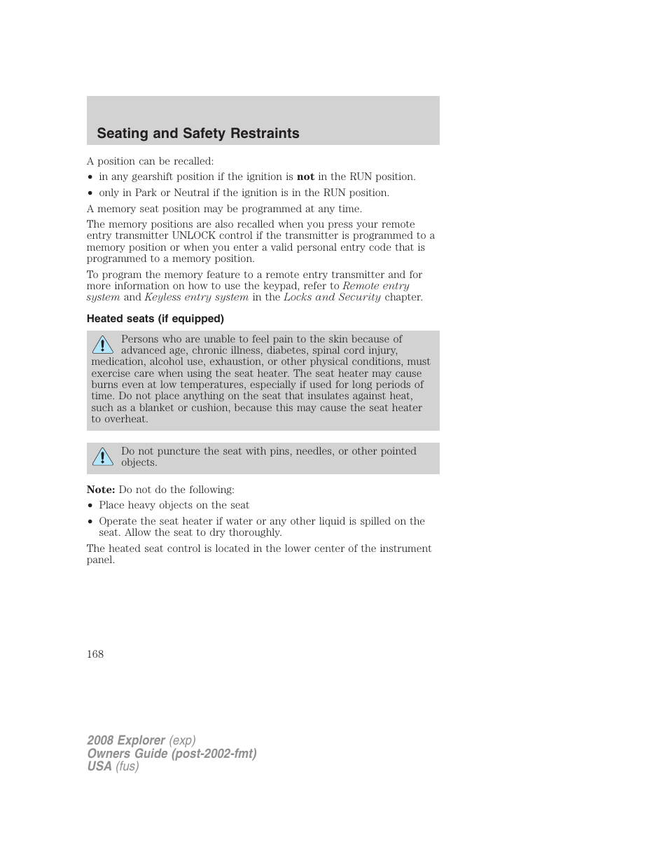 Heated seats (if equipped), Seating and safety restraints | FORD 2008 Explorer v.1 User Manual | Page 168 / 384