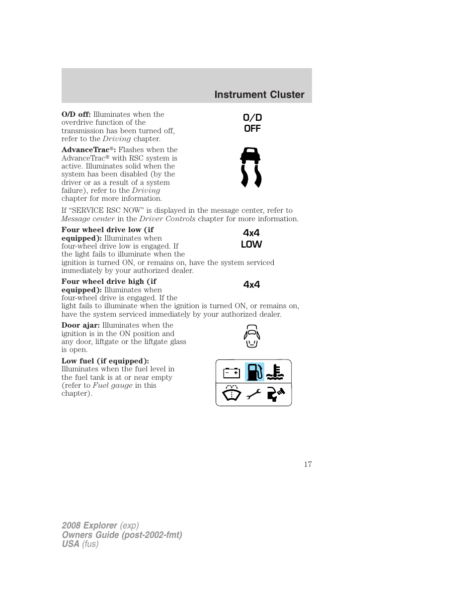 Instrument cluster | FORD 2008 Explorer v.1 User Manual | Page 17 / 384