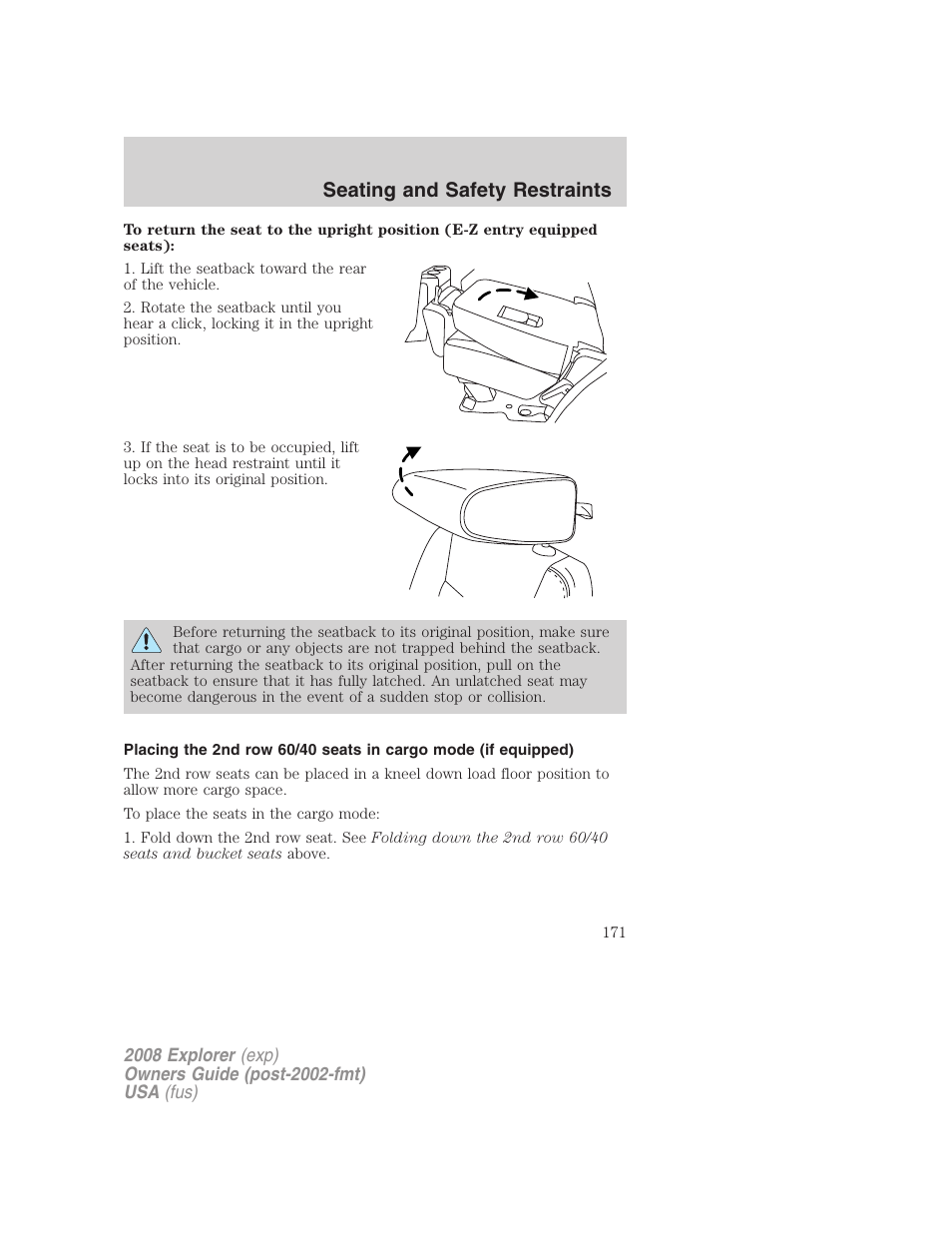 Seating and safety restraints | FORD 2008 Explorer v.1 User Manual | Page 171 / 384