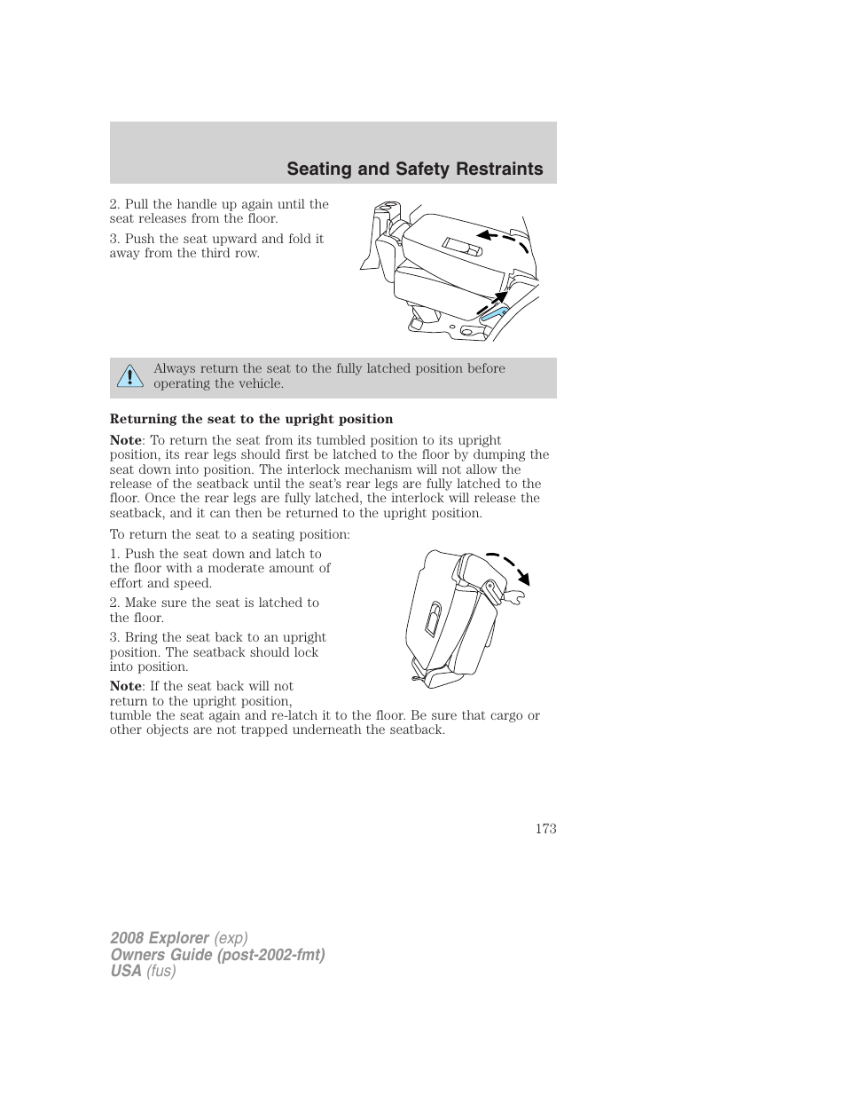 Seating and safety restraints | FORD 2008 Explorer v.1 User Manual | Page 173 / 384