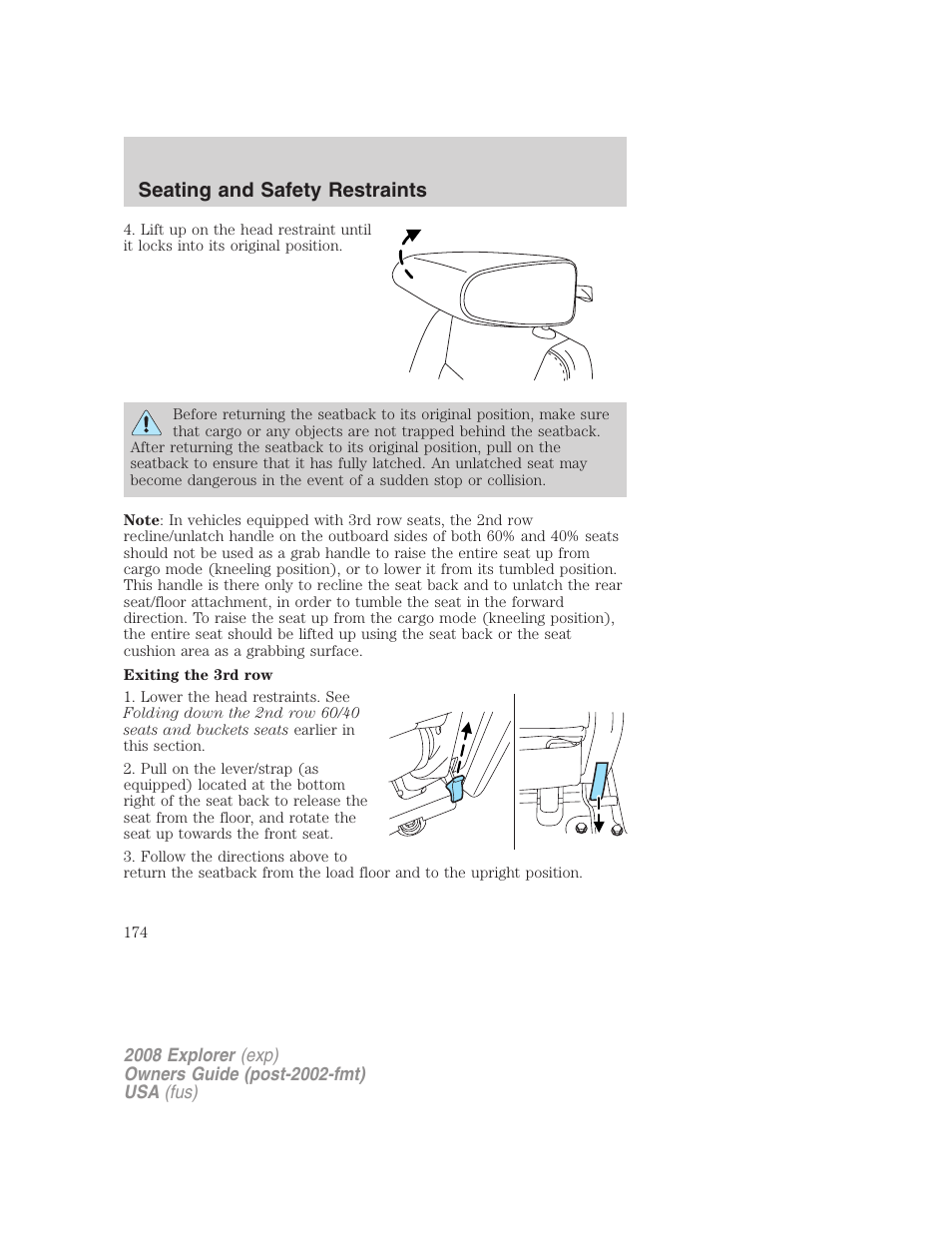 Seating and safety restraints | FORD 2008 Explorer v.1 User Manual | Page 174 / 384