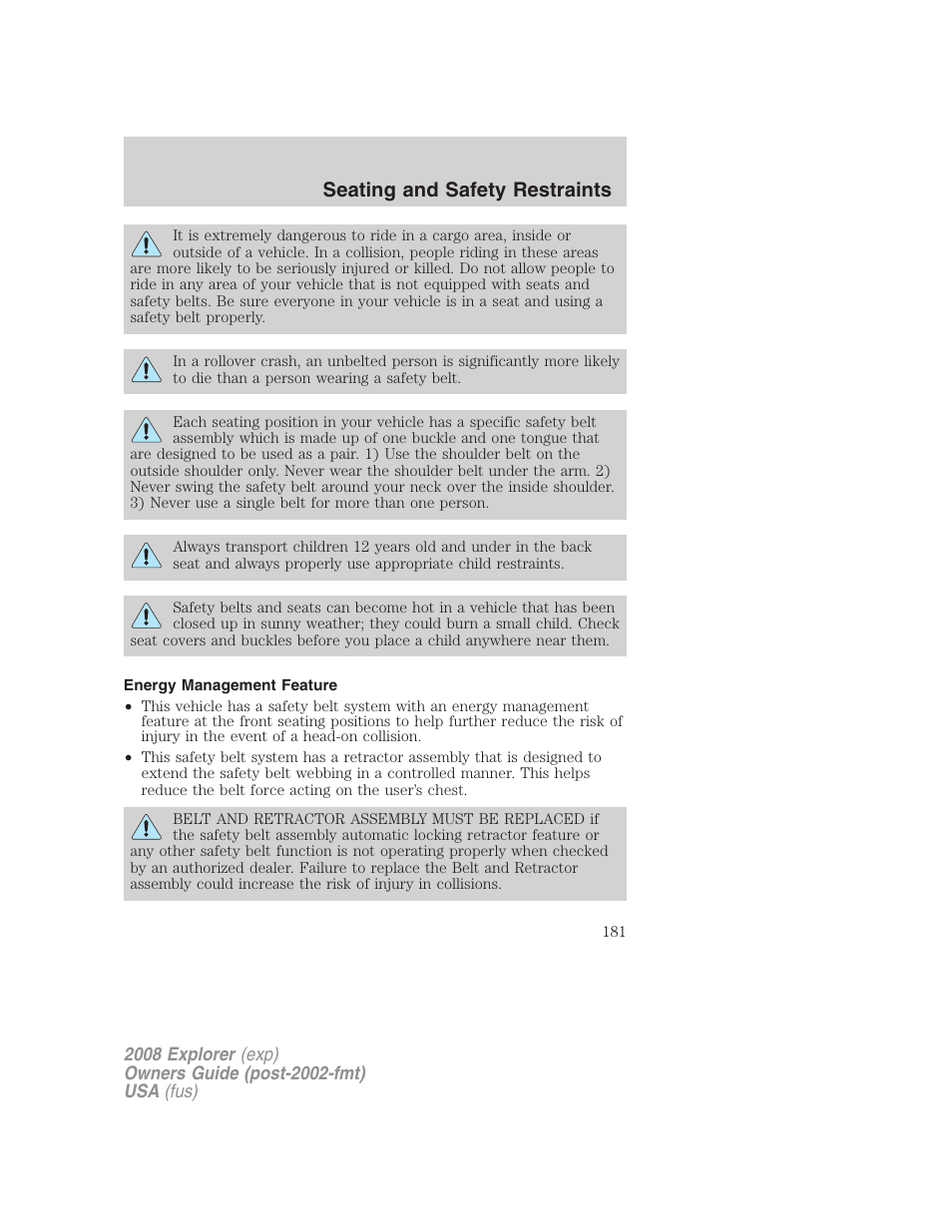 Energy management feature, Seating and safety restraints | FORD 2008 Explorer v.1 User Manual | Page 181 / 384