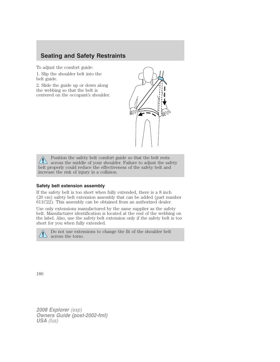 Safety belt extension assembly, Seating and safety restraints | FORD 2008 Explorer v.1 User Manual | Page 186 / 384