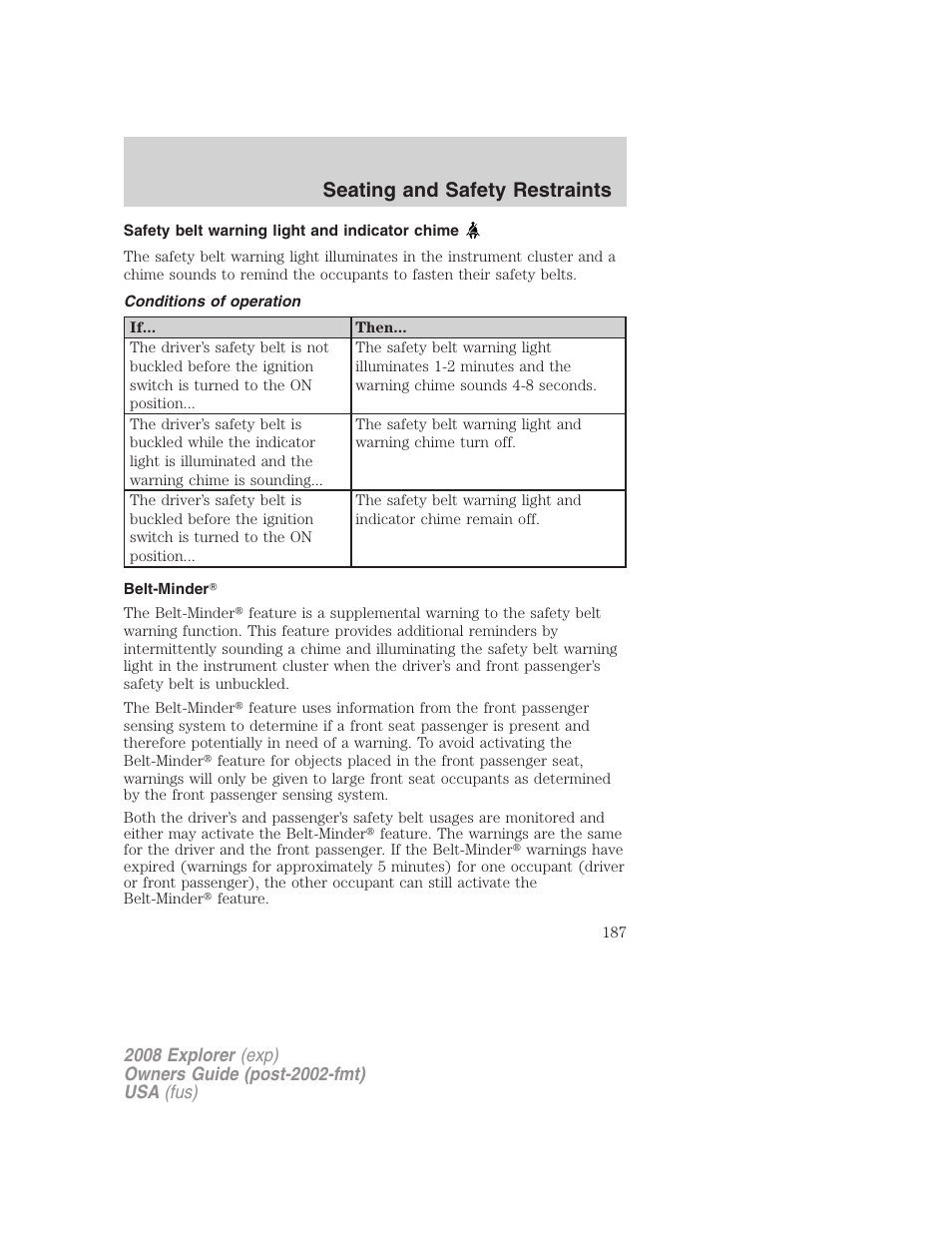 Safety belt warning light and indicator chime, Conditions of operation, Belt-minder | Seating and safety restraints | FORD 2008 Explorer v.1 User Manual | Page 187 / 384