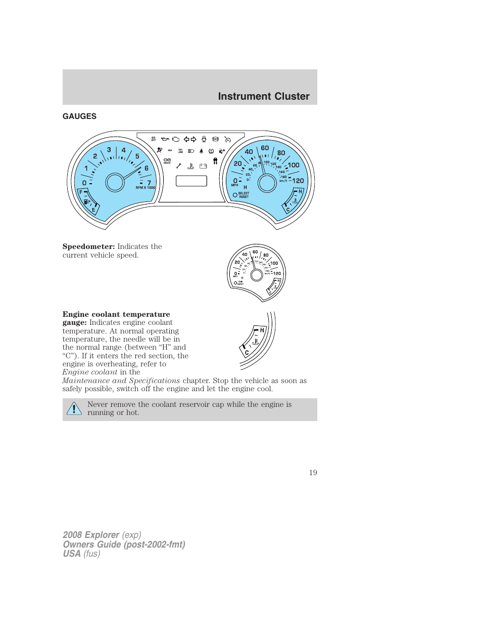 Gauges, Instrument cluster | FORD 2008 Explorer v.1 User Manual | Page 19 / 384