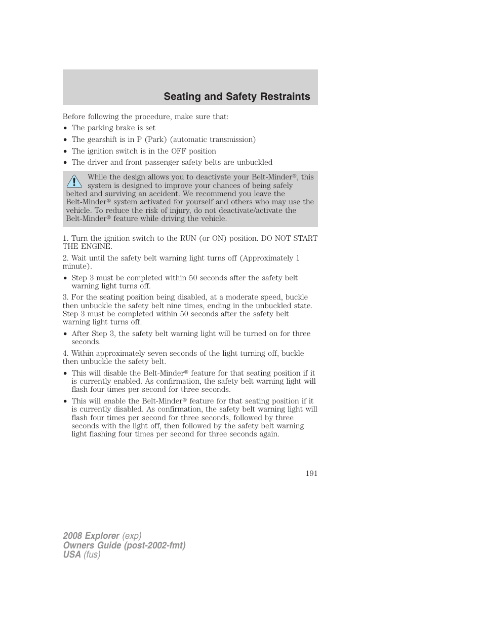 Seating and safety restraints | FORD 2008 Explorer v.1 User Manual | Page 191 / 384