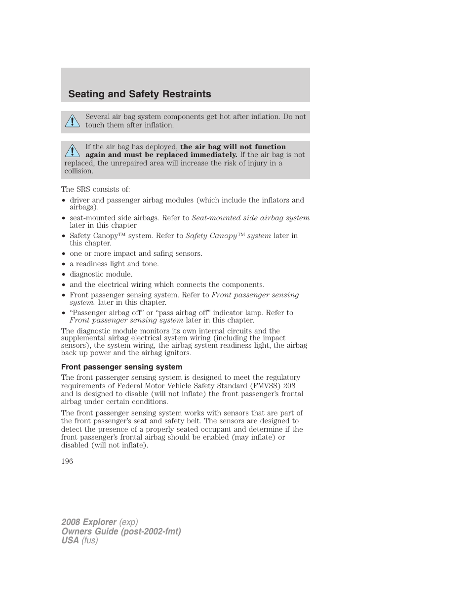 Front passenger sensing system, Seating and safety restraints | FORD 2008 Explorer v.1 User Manual | Page 196 / 384