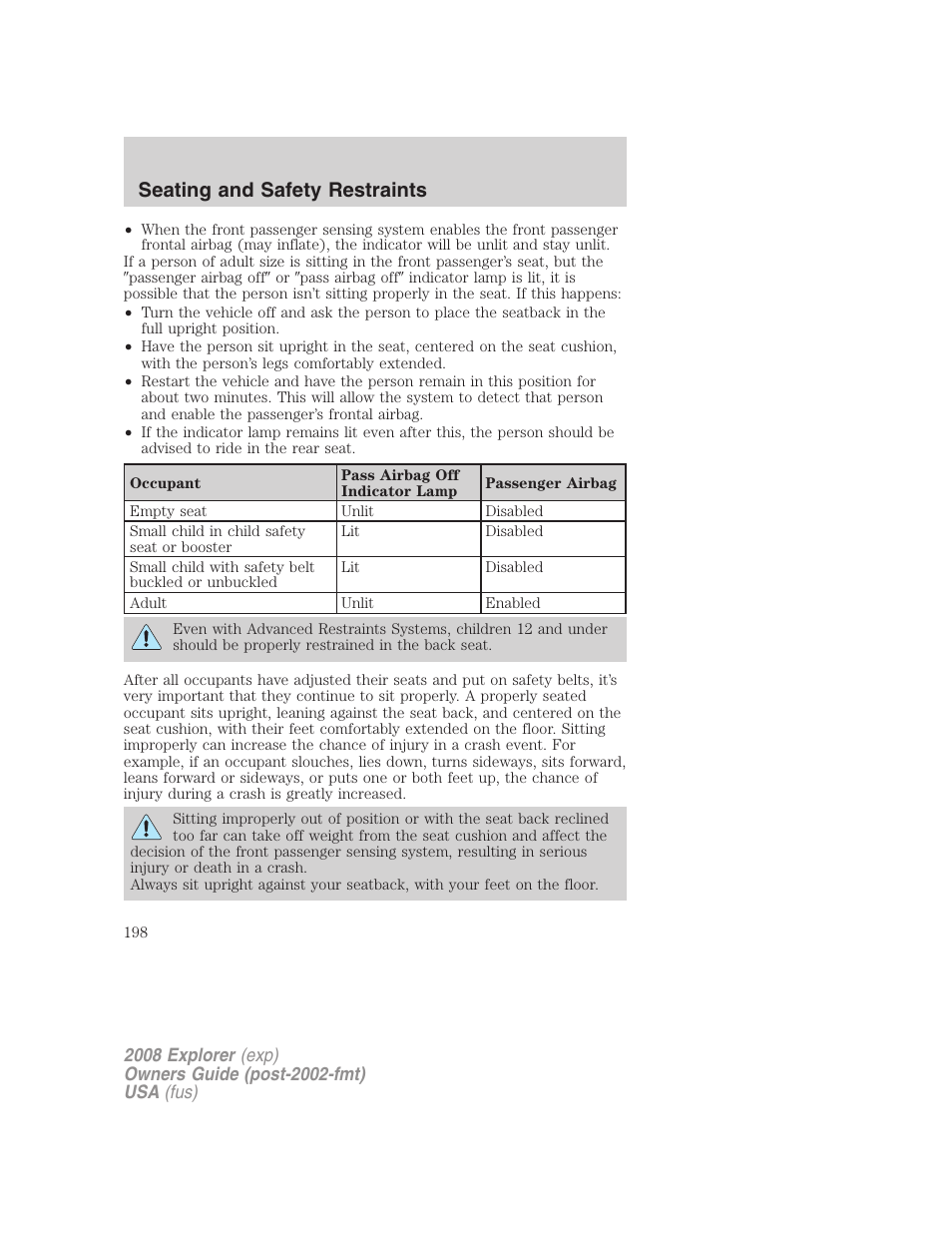 Seating and safety restraints | FORD 2008 Explorer v.1 User Manual | Page 198 / 384