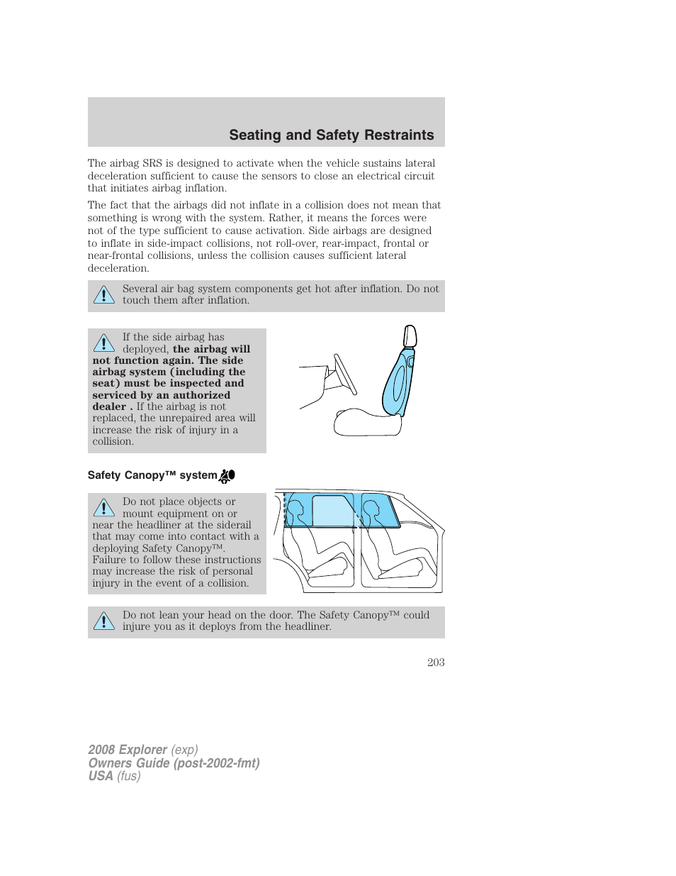 Safety canopy™ system, Seating and safety restraints | FORD 2008 Explorer v.1 User Manual | Page 203 / 384