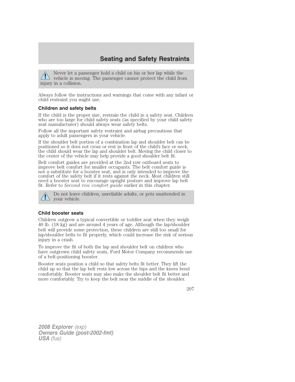 Children and safety belts, Child booster seats, Seating and safety restraints | FORD 2008 Explorer v.1 User Manual | Page 207 / 384