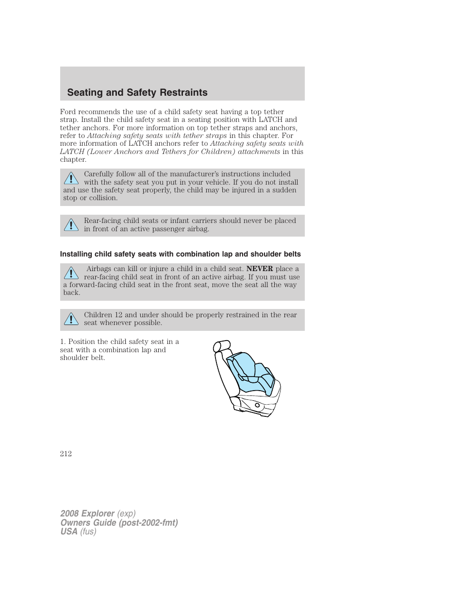 Seating and safety restraints | FORD 2008 Explorer v.1 User Manual | Page 212 / 384