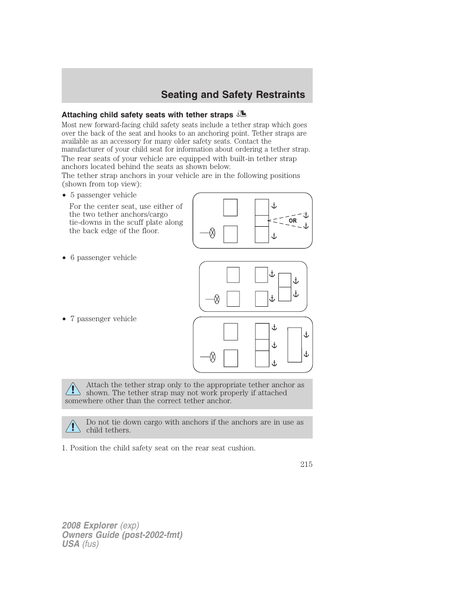 Attaching child safety seats with tether straps, Seating and safety restraints | FORD 2008 Explorer v.1 User Manual | Page 215 / 384