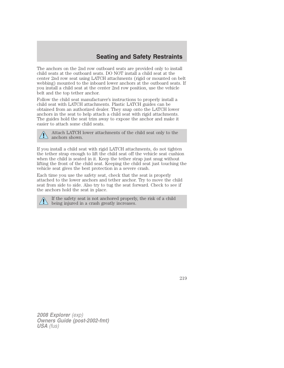 Seating and safety restraints | FORD 2008 Explorer v.1 User Manual | Page 219 / 384