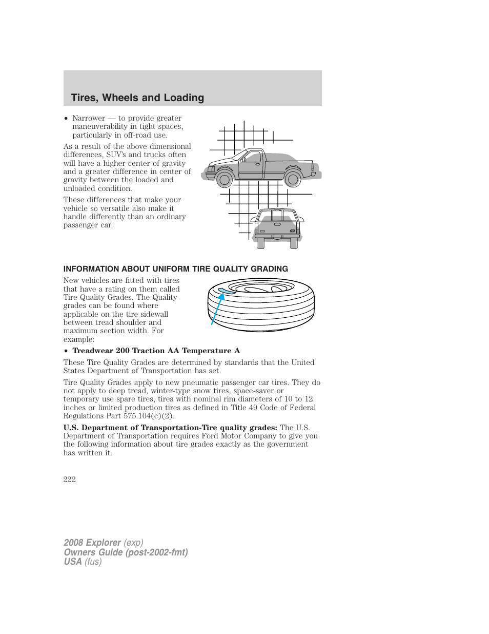 Information about uniform tire quality grading, Tire information, Tires, wheels and loading | FORD 2008 Explorer v.1 User Manual | Page 222 / 384