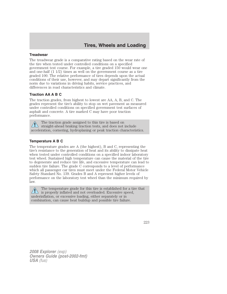 Treadwear, Traction aa a b c, Temperature a b c | Tires, wheels and loading | FORD 2008 Explorer v.1 User Manual | Page 223 / 384