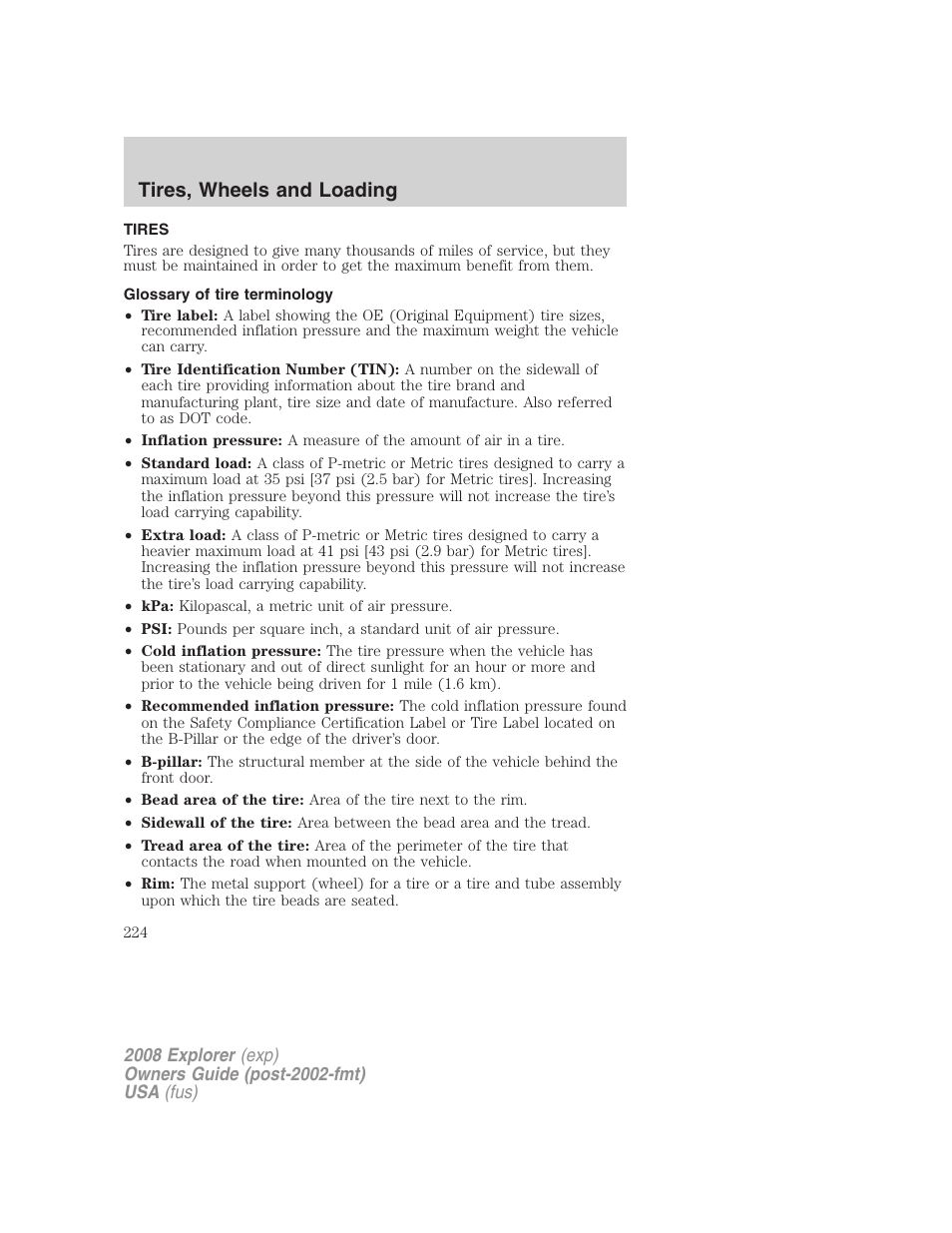 Tires, Glossary of tire terminology, Tires, wheels and loading | FORD 2008 Explorer v.1 User Manual | Page 224 / 384