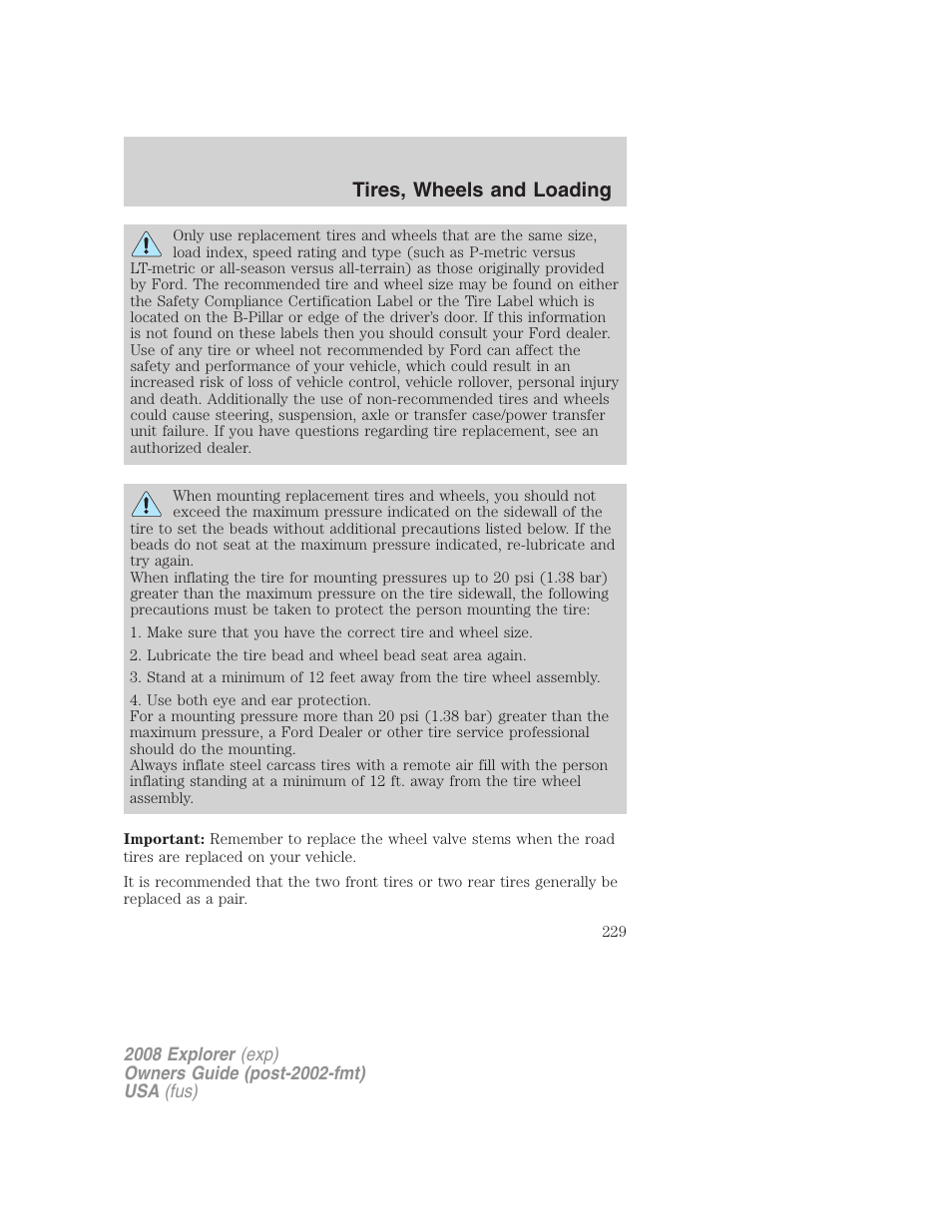 Tires, wheels and loading | FORD 2008 Explorer v.1 User Manual | Page 229 / 384