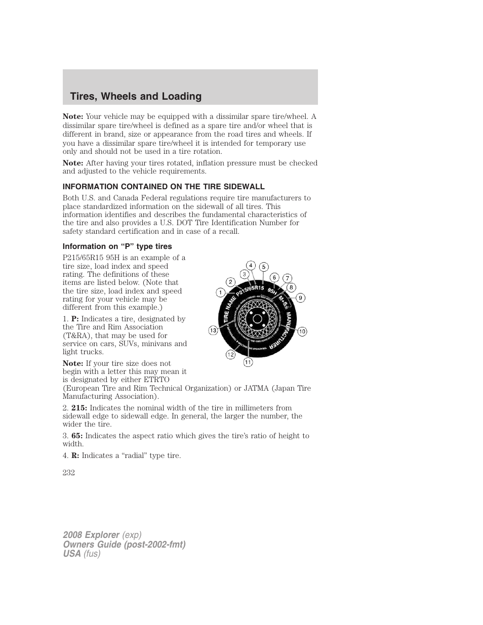 Information contained on the tire sidewall, Information on “p” type tires, Tires, wheels and loading | FORD 2008 Explorer v.1 User Manual | Page 232 / 384