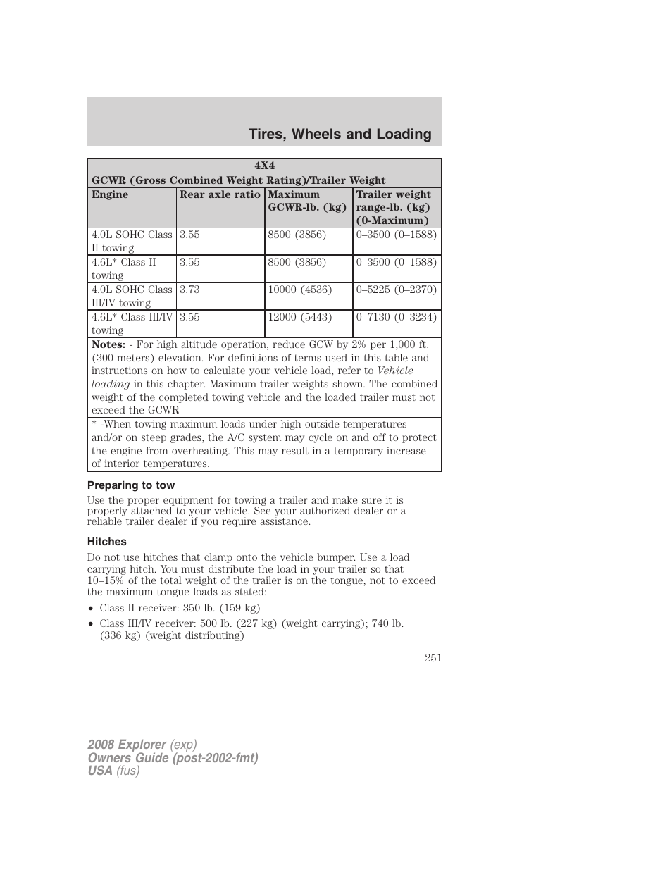 Preparing to tow, Hitches, Tires, wheels and loading | FORD 2008 Explorer v.1 User Manual | Page 251 / 384