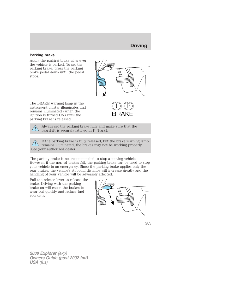 Parking brake, P! brake | FORD 2008 Explorer v.1 User Manual | Page 263 / 384