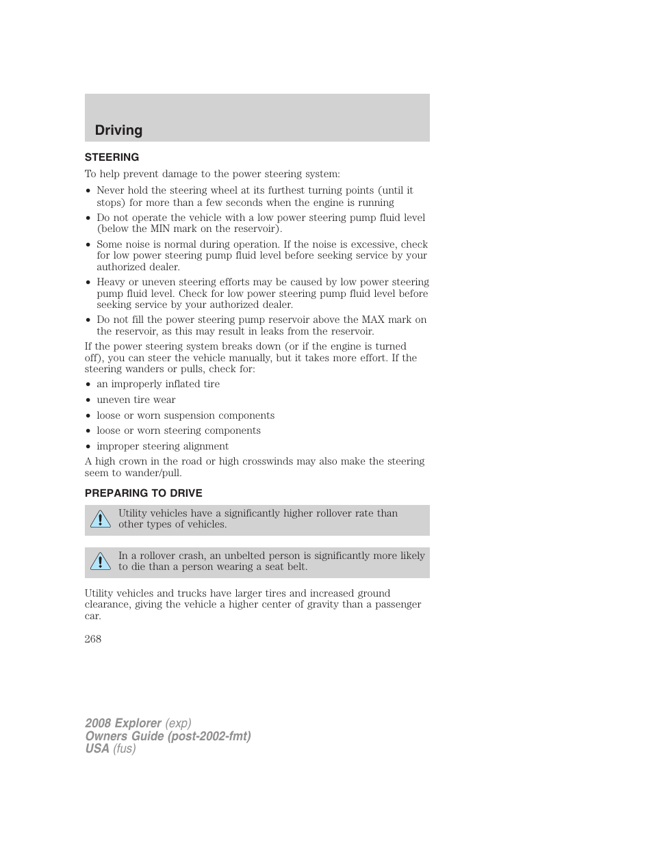 Steering, Preparing to drive, Driving | FORD 2008 Explorer v.1 User Manual | Page 268 / 384