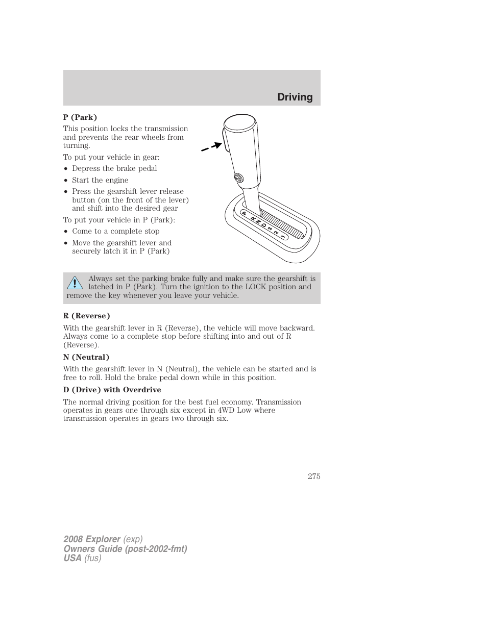 Driving | FORD 2008 Explorer v.1 User Manual | Page 275 / 384