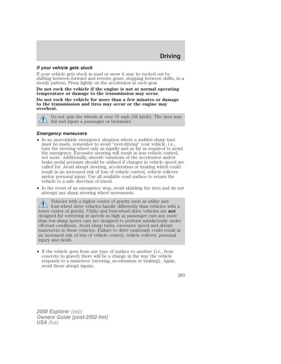 If your vehicle gets stuck, Emergency maneuvers, Driving | FORD 2008 Explorer v.1 User Manual | Page 283 / 384