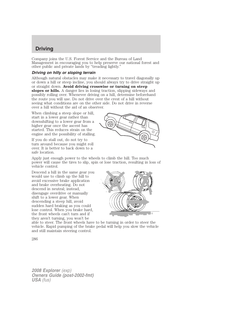 Driving on hilly or sloping terrain, Driving | FORD 2008 Explorer v.1 User Manual | Page 286 / 384