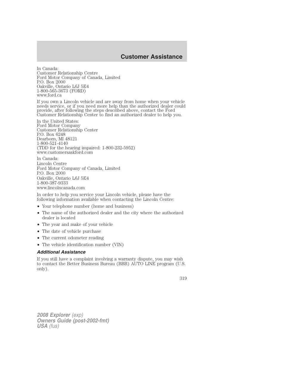 Additional assistance, Customer assistance | FORD 2008 Explorer v.1 User Manual | Page 319 / 384