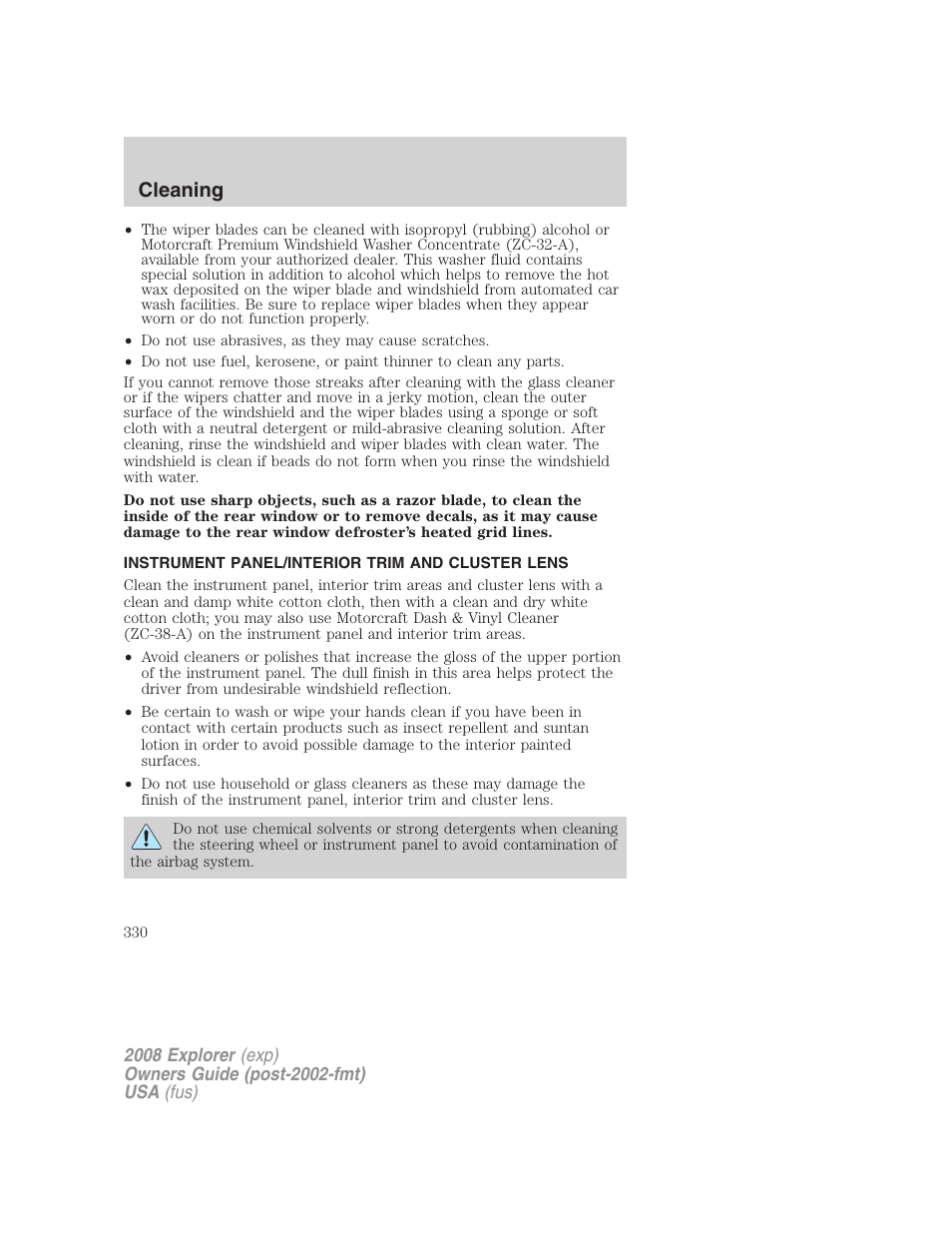 Instrument panel/interior trim and cluster lens, Cleaning | FORD 2008 Explorer v.1 User Manual | Page 330 / 384