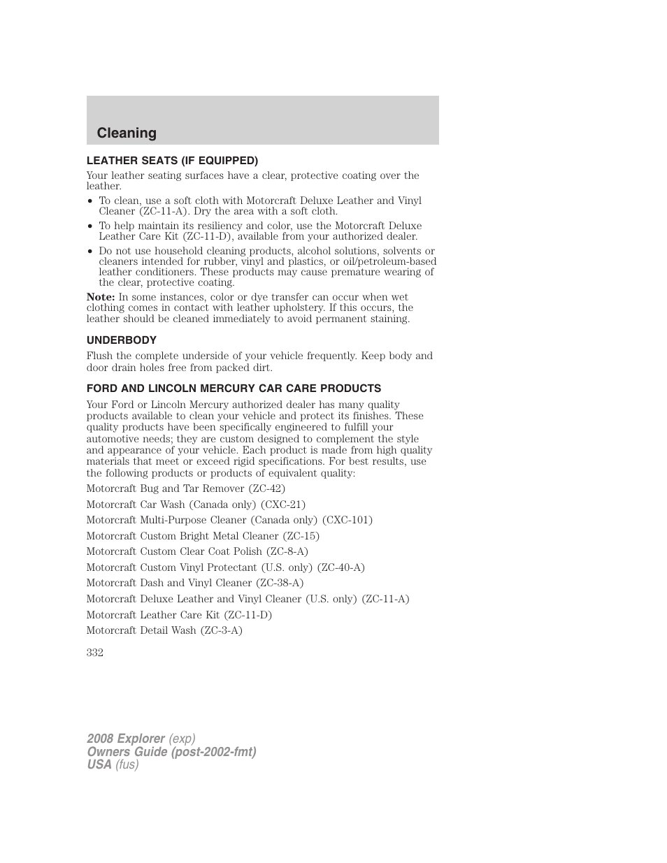 Leather seats (if equipped), Underbody, Ford and lincoln mercury car care products | Cleaning | FORD 2008 Explorer v.1 User Manual | Page 332 / 384