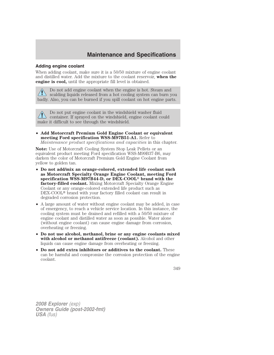 Adding engine coolant, Maintenance and specifications | FORD 2008 Explorer v.1 User Manual | Page 349 / 384