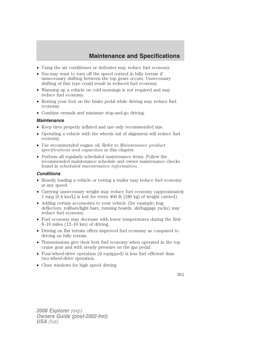 Maintenance, Conditions, Maintenance and specifications | FORD 2008 Explorer v.1 User Manual | Page 361 / 384