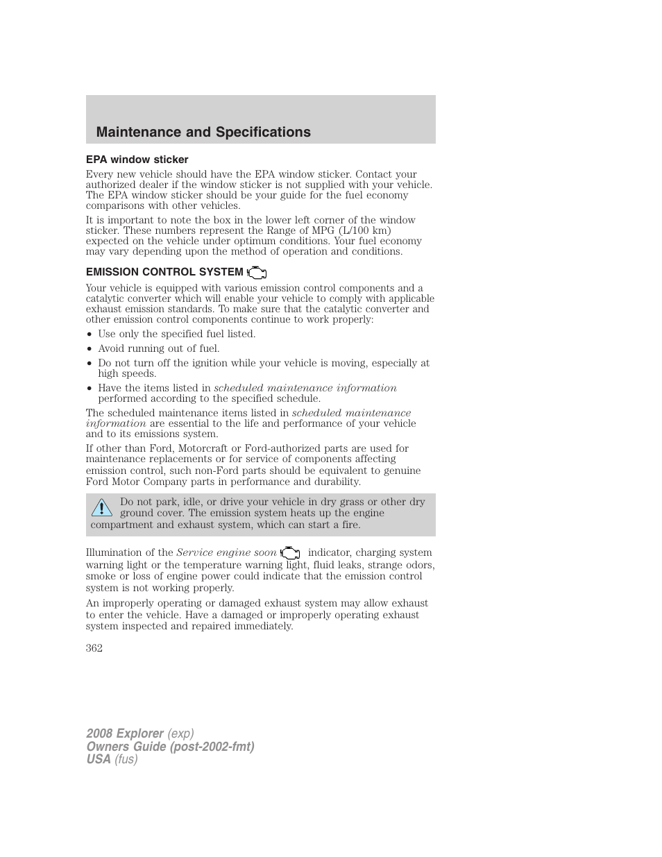 Epa window sticker, Emission control system, Maintenance and specifications | FORD 2008 Explorer v.1 User Manual | Page 362 / 384