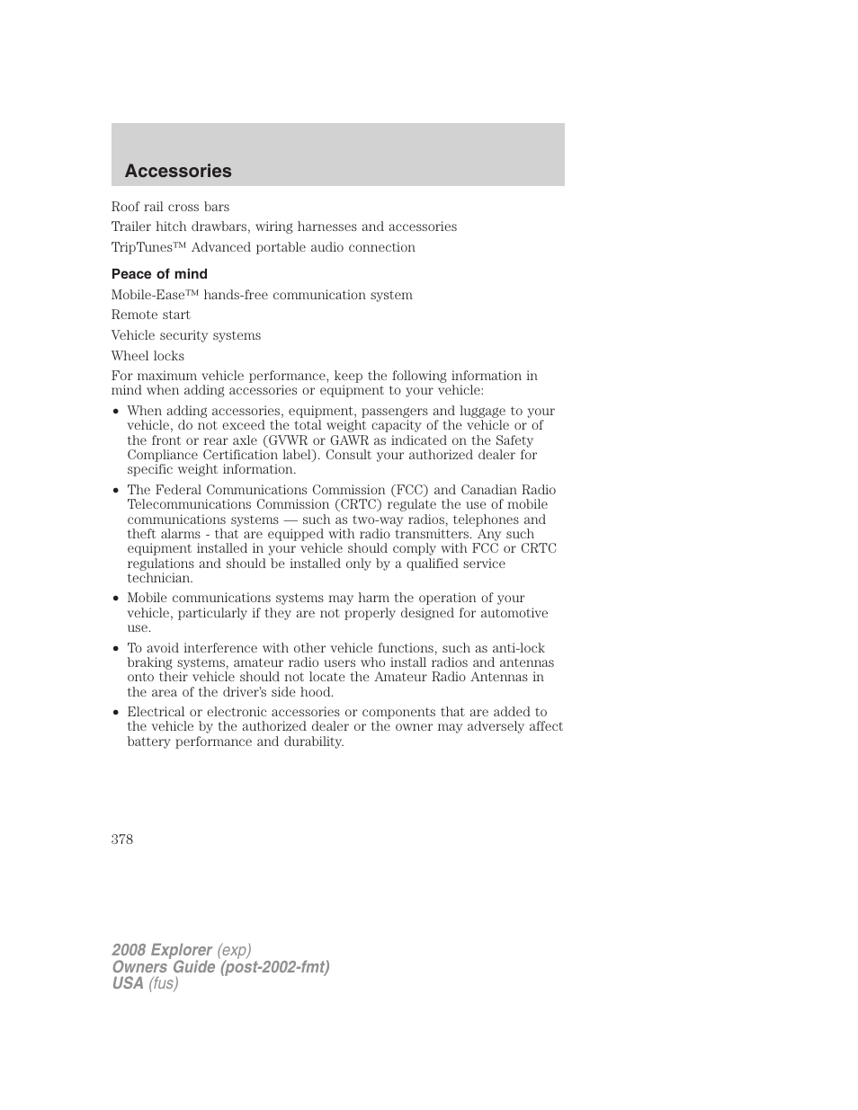 Peace of mind, Accessories | FORD 2008 Explorer v.1 User Manual | Page 378 / 384