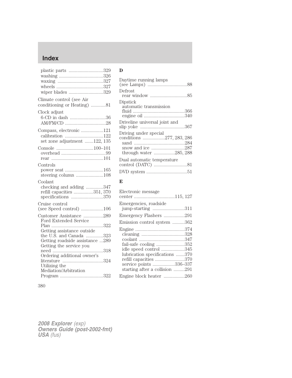 Index | FORD 2008 Explorer v.1 User Manual | Page 380 / 384