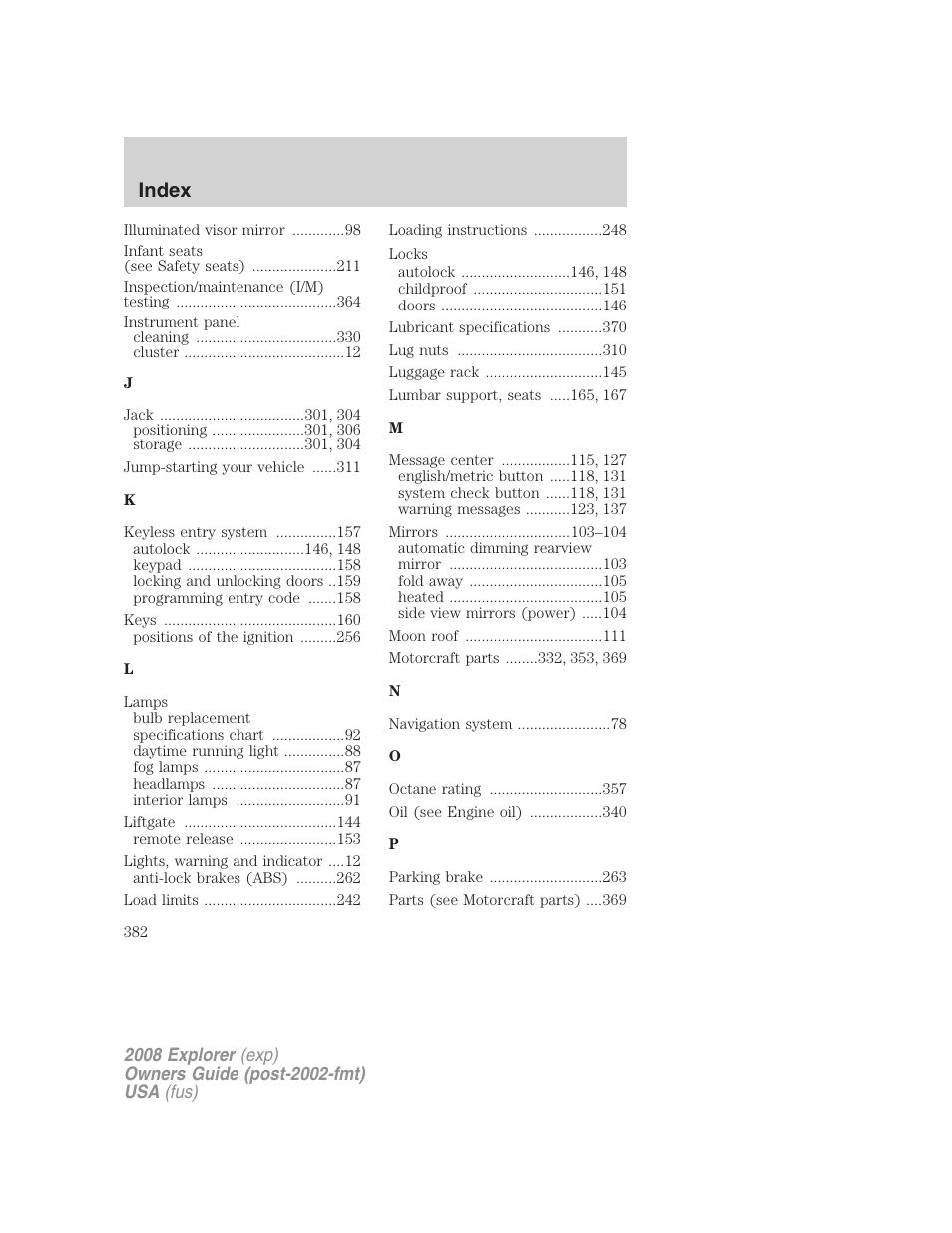 Index | FORD 2008 Explorer v.1 User Manual | Page 382 / 384