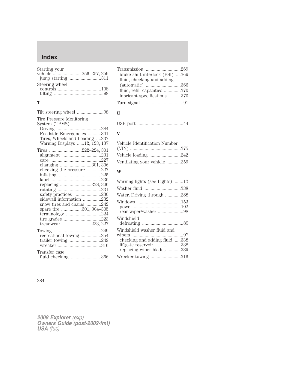 Index | FORD 2008 Explorer v.1 User Manual | Page 384 / 384